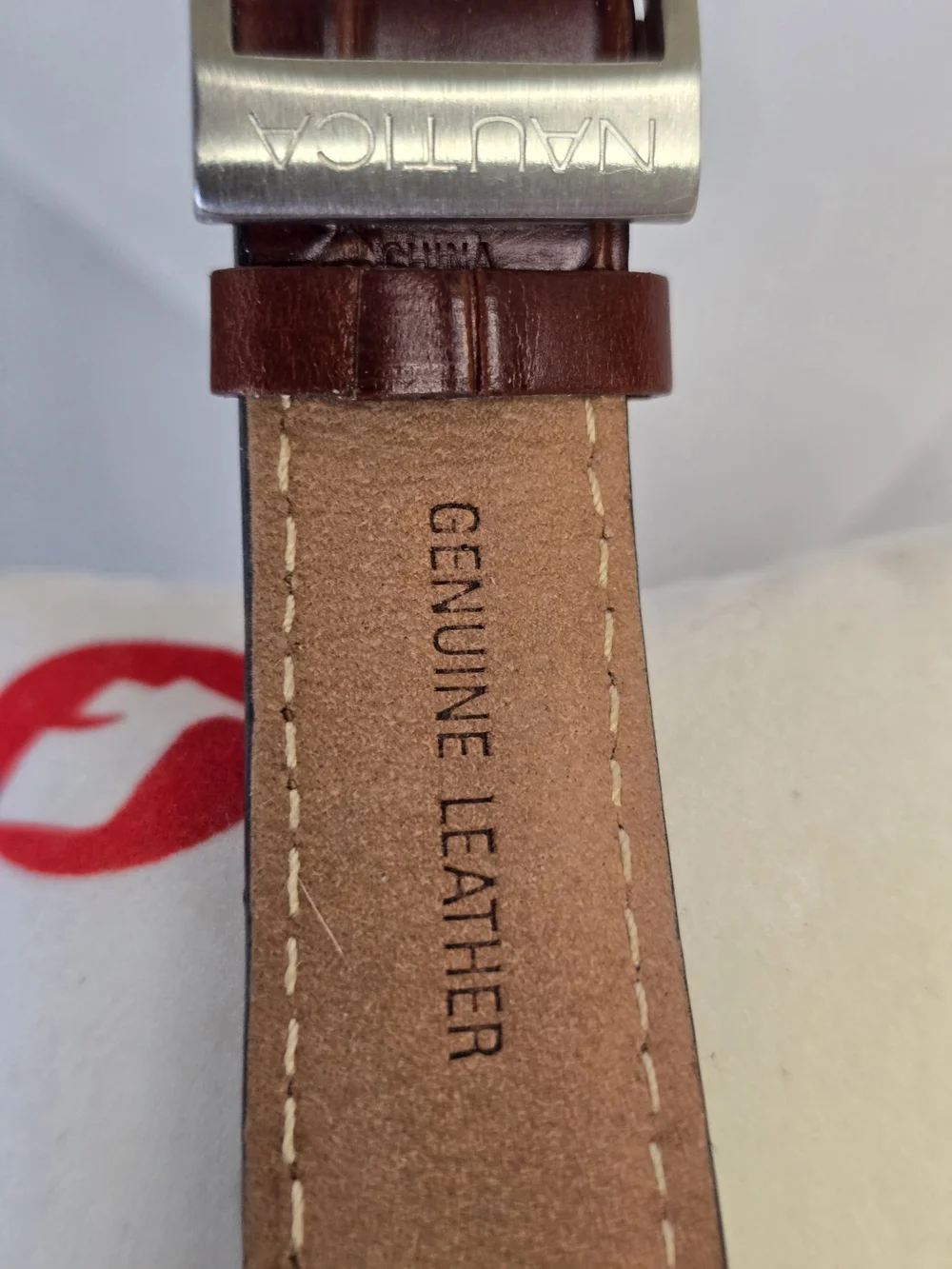 Nautica Steel Y2K Silver Dial Watch with Brown Leather Strap